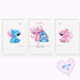 Stitch Angel Set of 3 Name Prints. PERSONALISED SET 0F 3 Watercolour high quality fine art, framed or print only bedroom, nursery, children