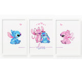 Stitch Angel Set of 3 Name Prints. PERSONALISED SET 0F 3 Watercolour high quality fine art, framed or print only bedroom, nursery, children