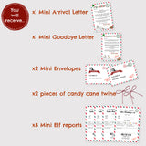 ELF MINI Personalised Christmas Letters. 10pieces, 2 Letters arrival and goodbye, 2 Envelopes, Twine,4  Elf report receipts. Elf on the shelf